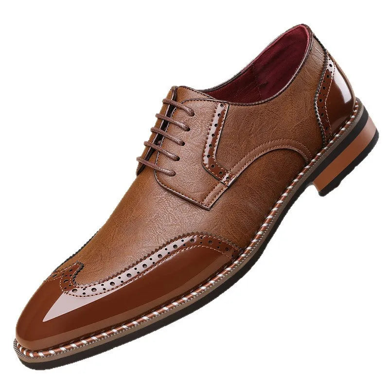 Men's black pointed toe PU leather low-top business casual shoes on white background
