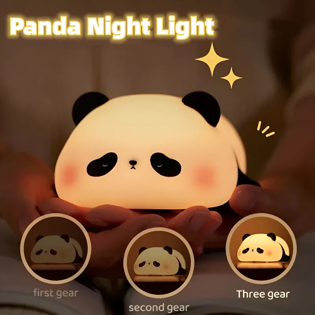 Cartoon panda-shaped night light with warm white glow, measuring 150x130x80mm