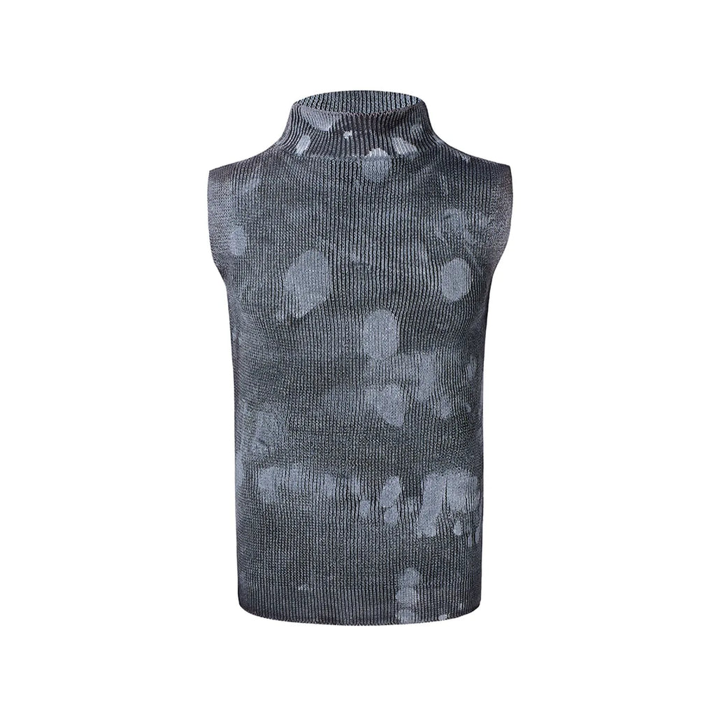 Men's black silver pastebrushing wool sleeveless top with turtleneck collar on mannequin