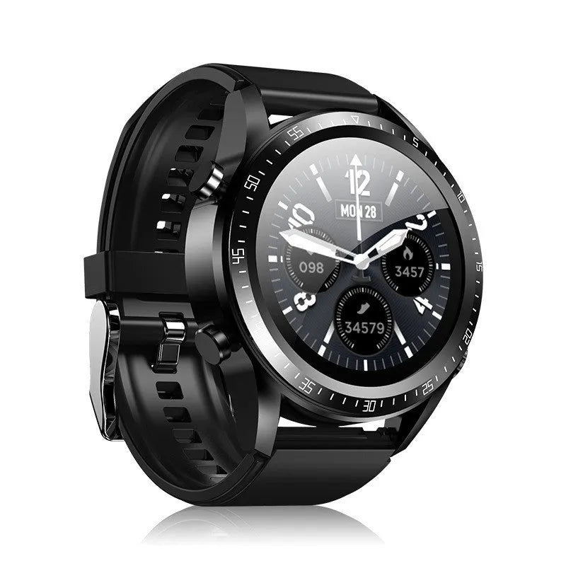 Black smart watch with silicone strap showing blood pressure and oxygen monitoring on screen.