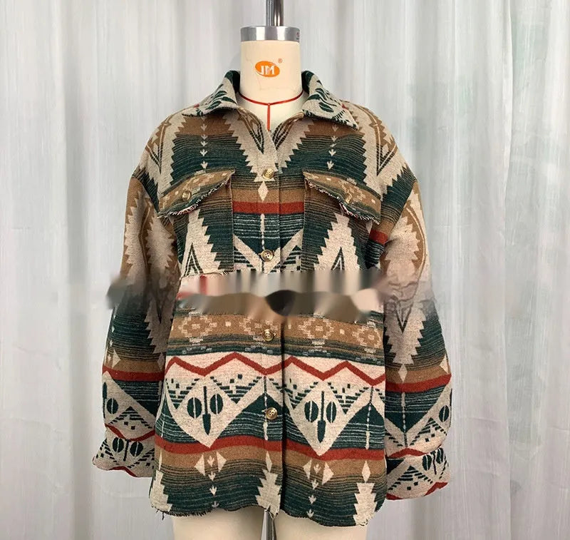 Women's loose-fit Aztec print wool coat in army green colour with long sleeves.