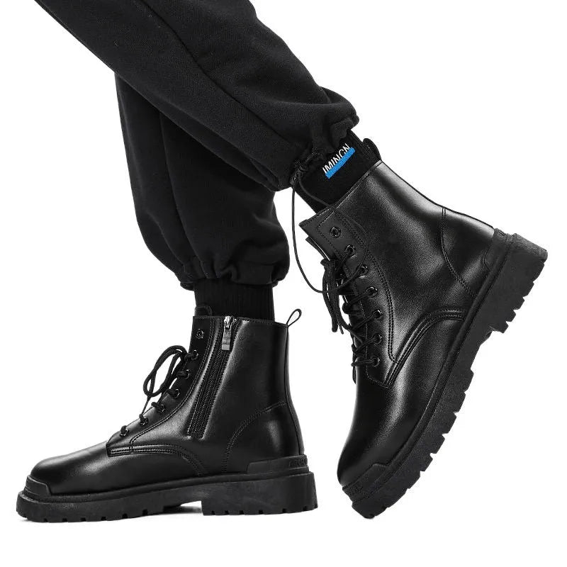 Men's black mid-top leather-style boots with a flat design and rubber sole.