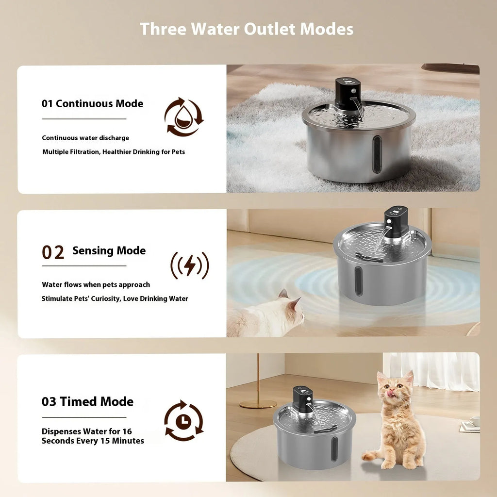 Stainless steel cat water fountain with heating base in black or white