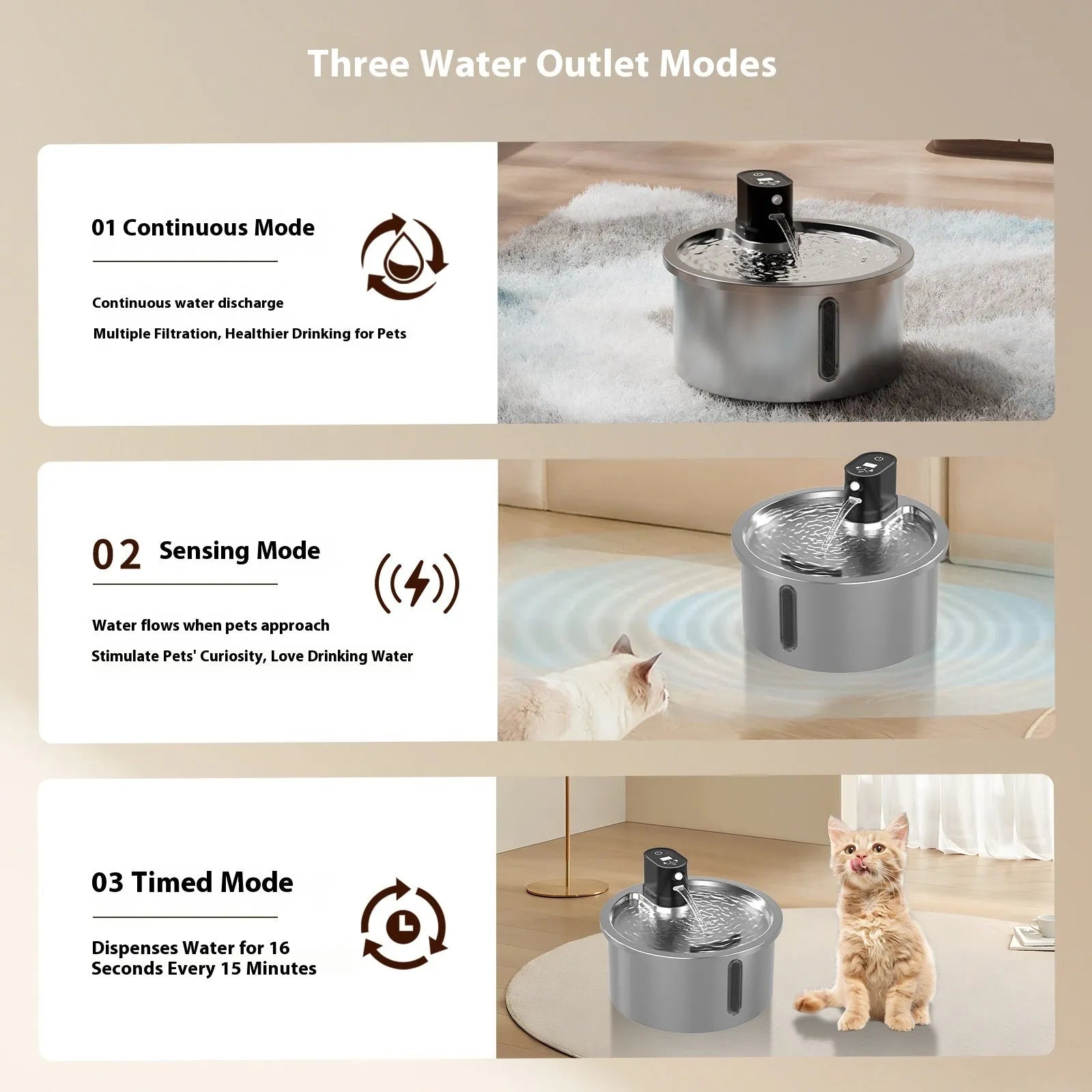 Stainless steel cat water fountain with heating base in black or white