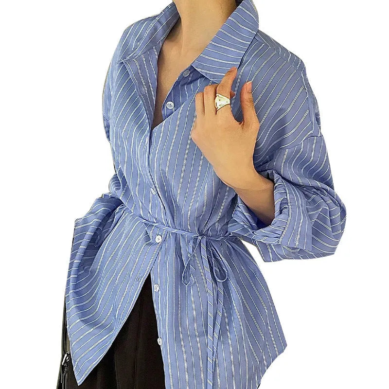 Striped long sleeved polyester shirt with regular sleeves and round neck, sizes S to XL