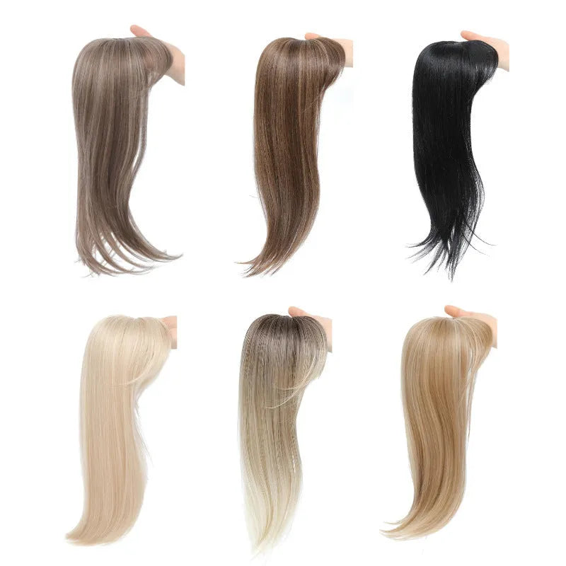 Synthetic clip-in wig with buckle fastening shown in one of six available colour styles.