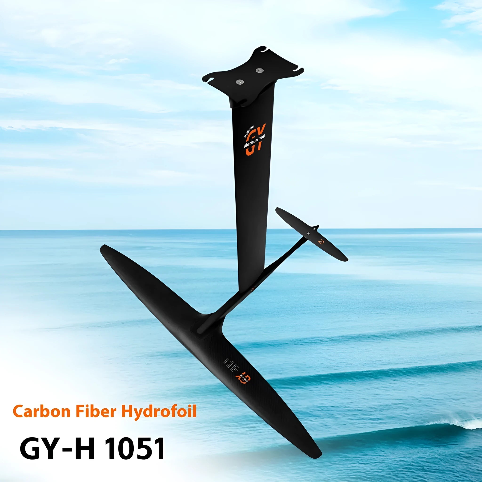 Black carbon fibre and aluminium alloy racing surf hydrofoil with large front wing.