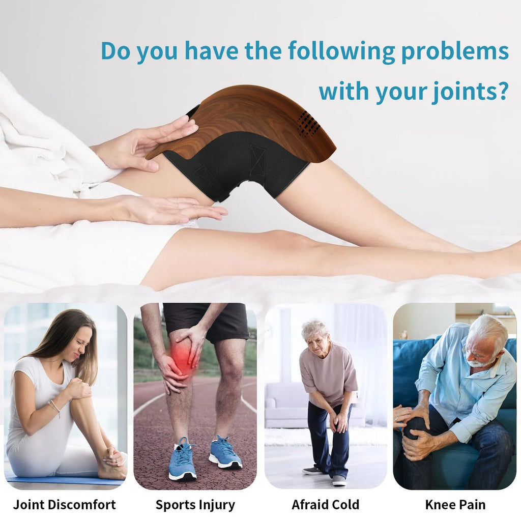 White electric knee massager showing flexible design with control panel and USB charging port