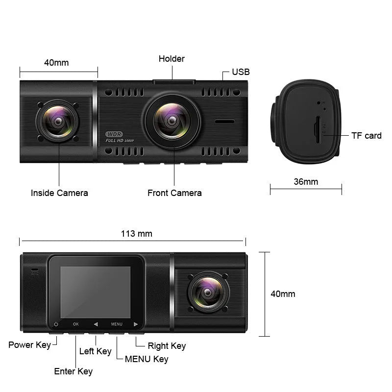 Black dash camera with dual lenses for front and rear recording, 1.5-inch screen, and car mounting stand