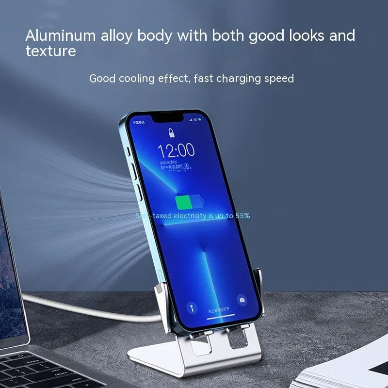 Metal desktop stand wireless charger in silver finish with phone charging on desk