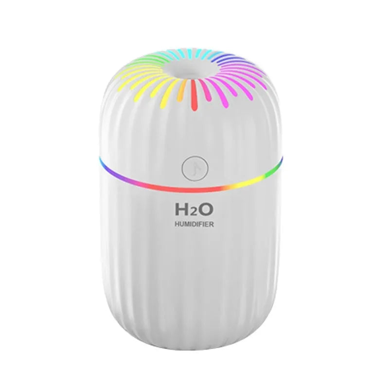 Compact white USB desk humidifier with 300ml water tank measuring 75x75x116mm