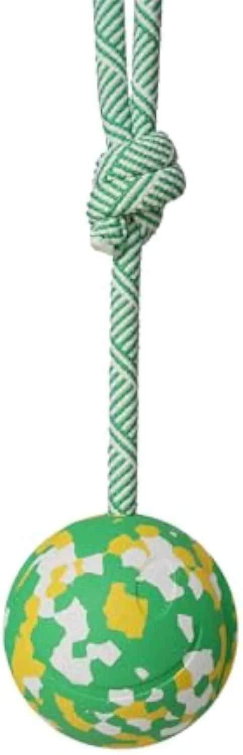 Natural rubber dog ball on nylon rope toy in L and S sizes for medium and small dogs