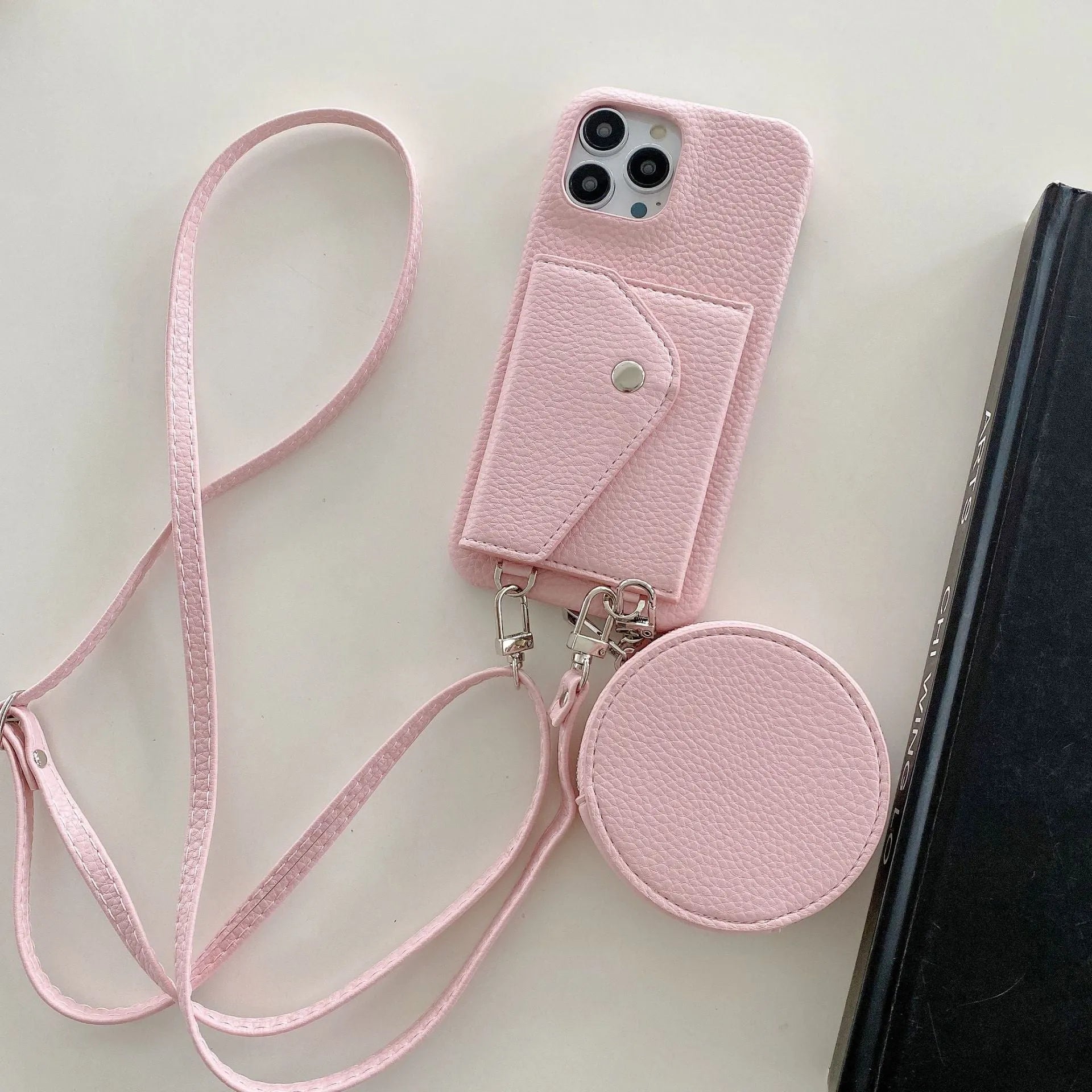 Green PC leather card holder coin purse crossbody phone case for iPhone showing card slots and coin compartment