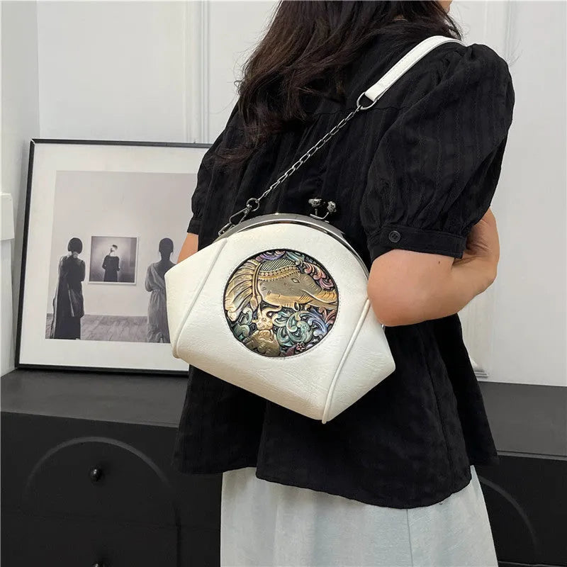 Women’s PU Western underarm clip shoulder messenger bag in shell shape with spliced detail, 20x18x9cm, colour black