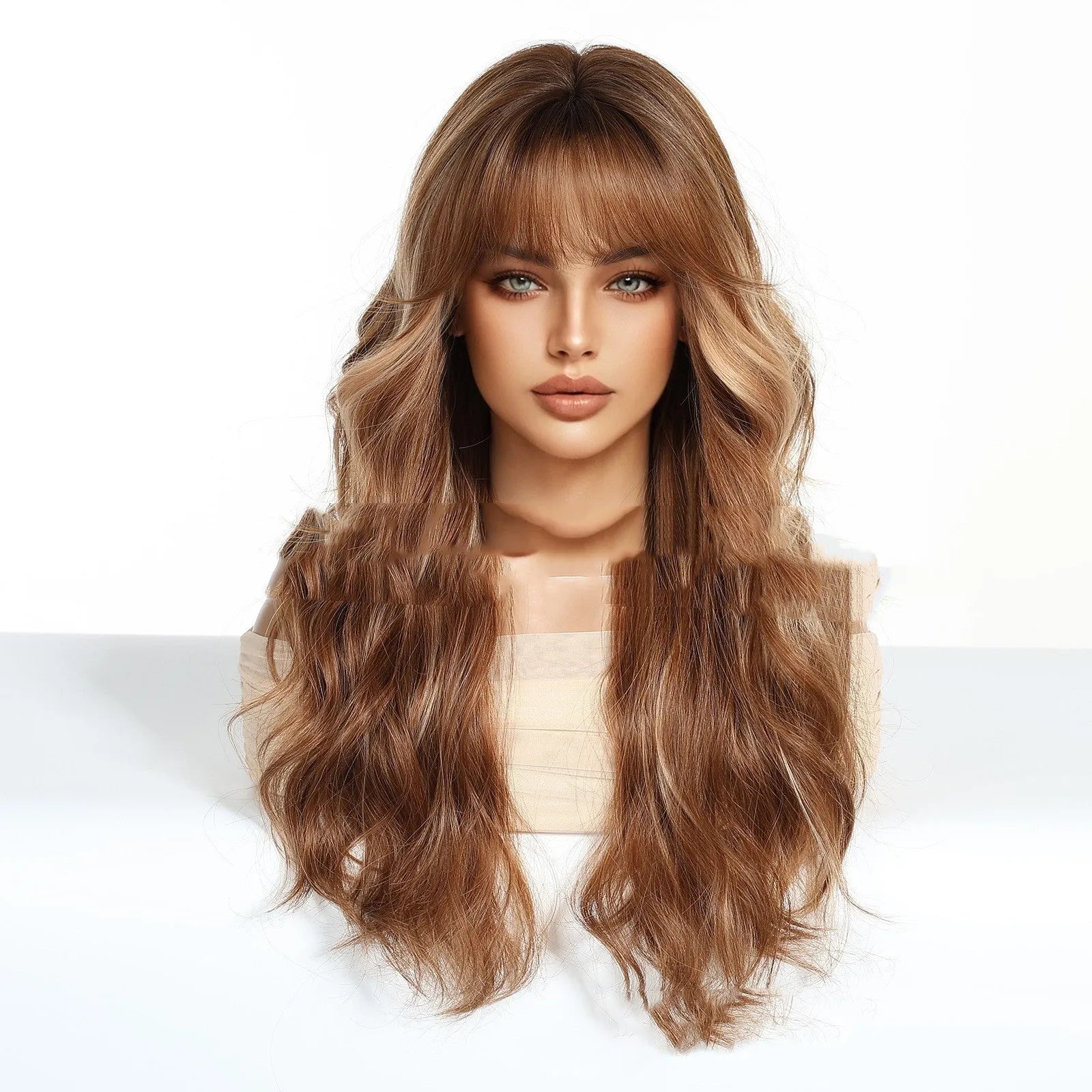 Full-head chemical fibre fringe wig with brown highlights and long curly hair in SWLC8327-1BL24 colour