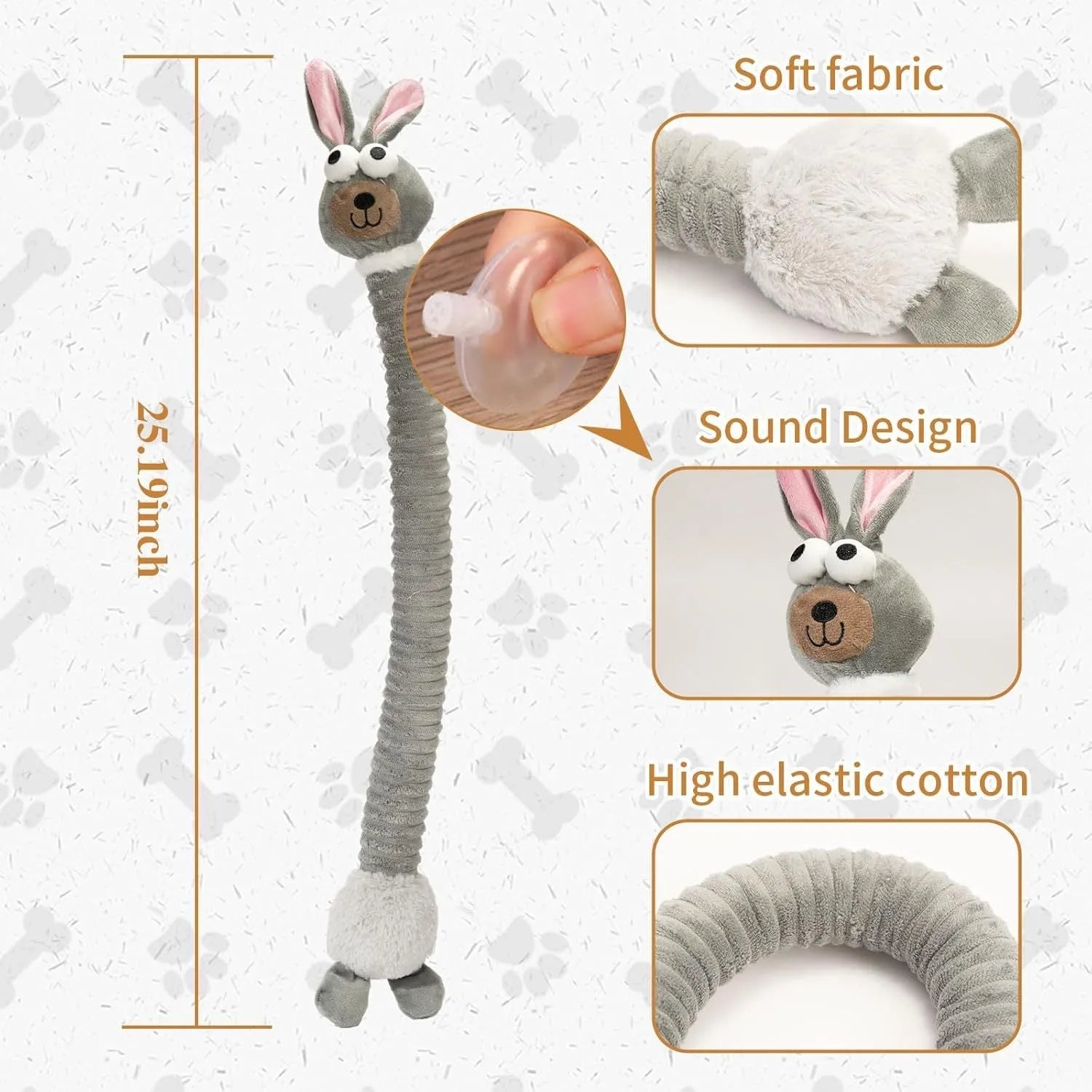 Brown squeaky plush dog toy with crinkle material measuring approximately 23cm in length