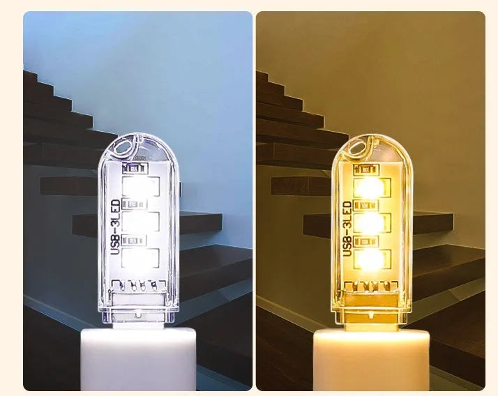 Small white USB-powered LED baby night light showing white and warm light options.