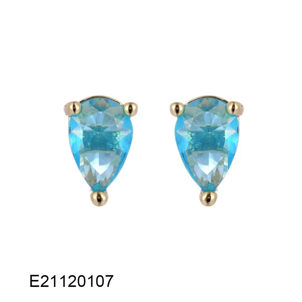 Brass gold-plated drop earrings with pear-shaped zircon stones in candy colours