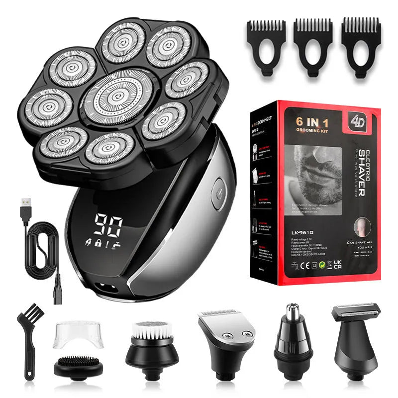 Black 6-in-1 multifunctional hair clipper set with USB charging and floating cutter head attachments