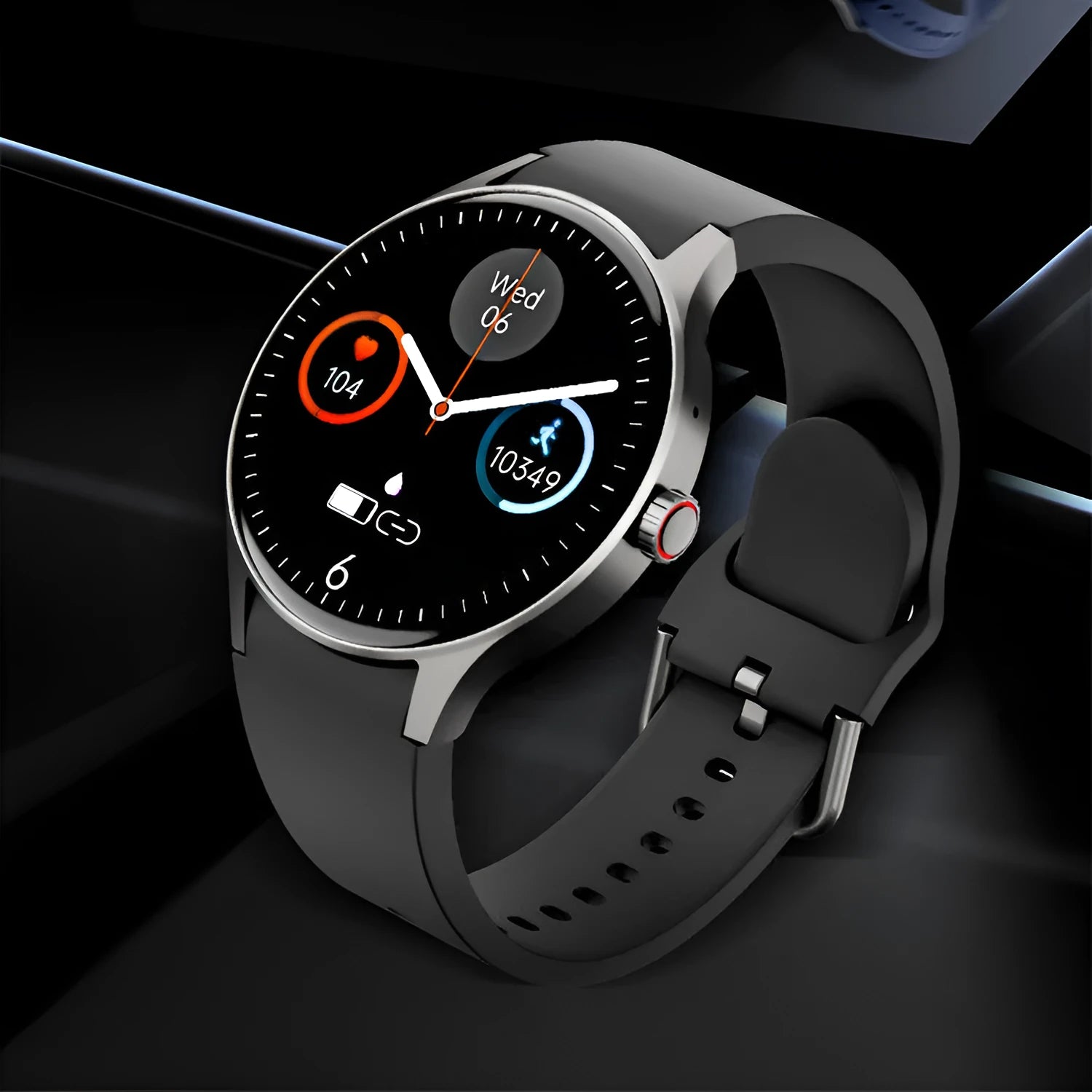 Black Bluetooth sport watch with round screen on wrist showing fitness metrics, IP68 waterproof rating for swimming.
