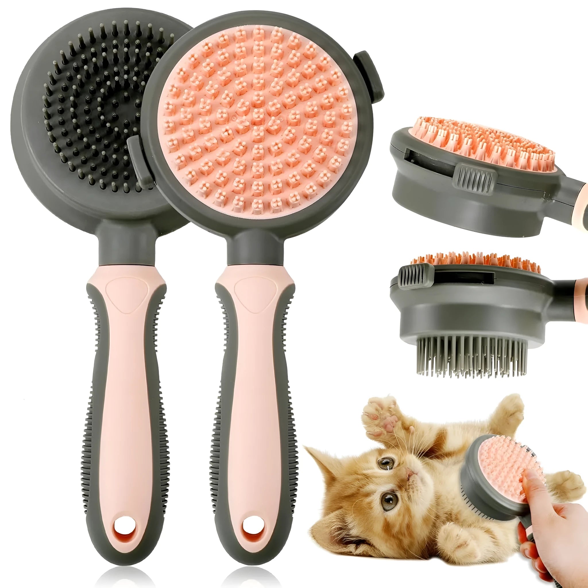 Double sided pink cat brush with release button and flea comb for grooming