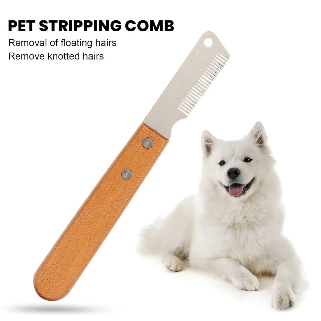 Wood handle pet stripping comb for grooming cats and dogs with metal fittings