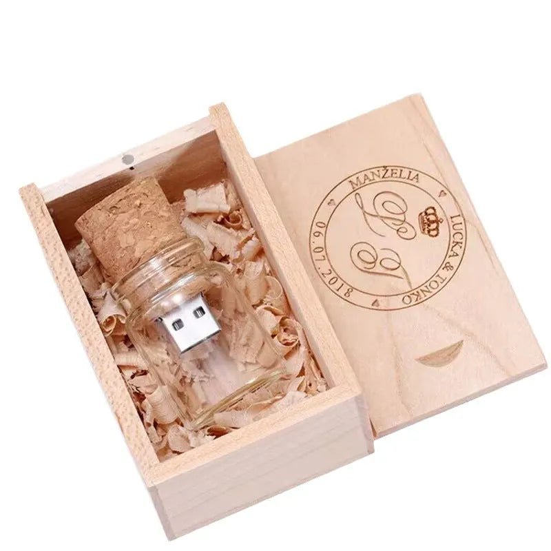 Wooden wish bottle shaped USB flash drive in transparent colour, showing scale.