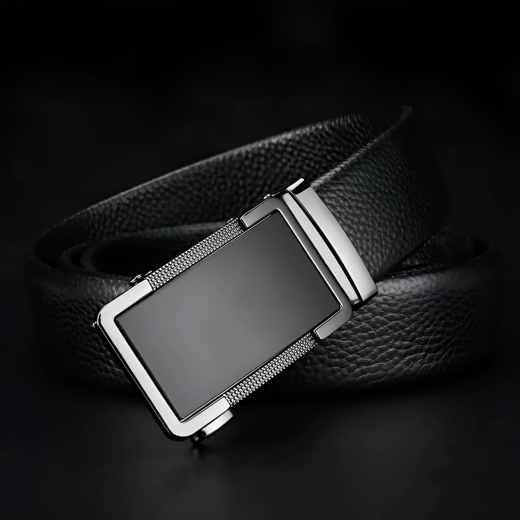Men's leather belt with automatic comfort click buckle in gun black, silver, or gold colour