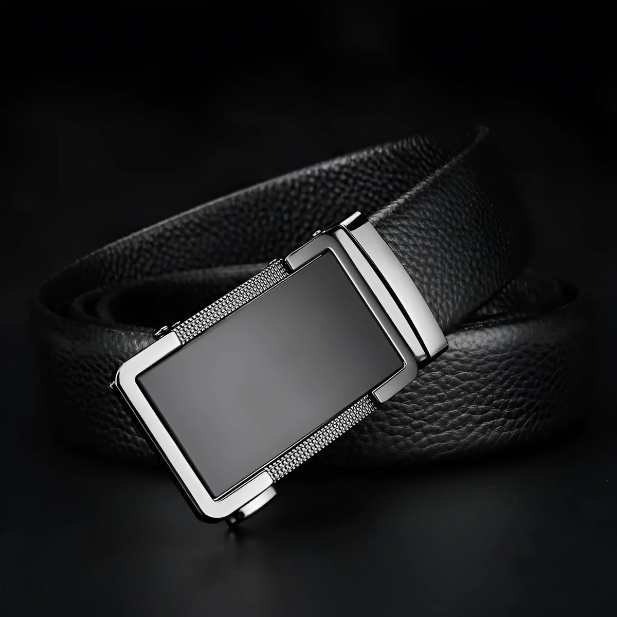 Men's leather belt with automatic comfort click buckle in gun black, silver, or gold colour