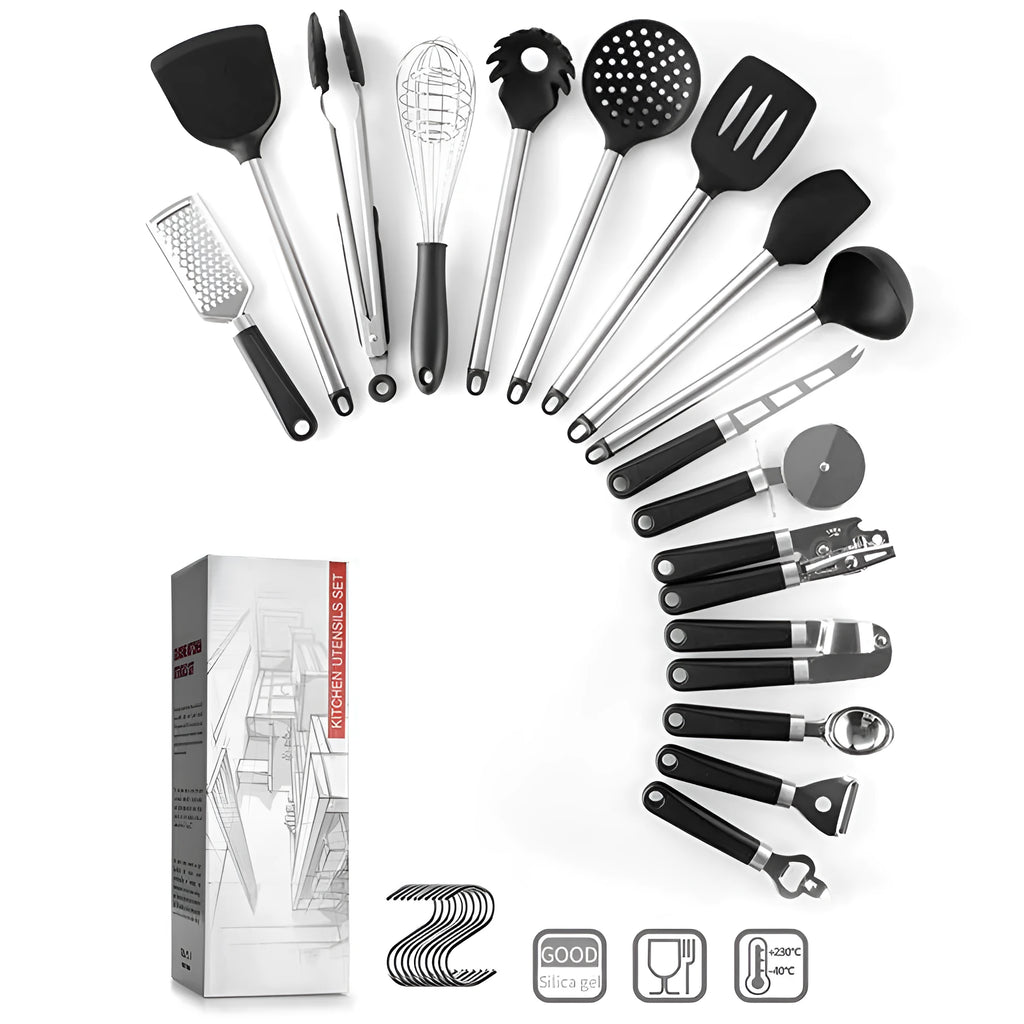 Black kitchen spatula and spoon set with stainless steel handles and silicone ends