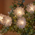 LED optical fiber flower light string with 20 warm white beads and plastic shell, battery powered, available in 1.5m to 100m lengths.