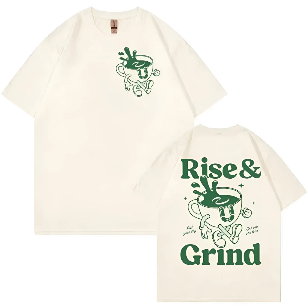Loose fit linen cartoon T-shirt featuring a Rise and Grind Green Coffee Fun Expression Bag design.