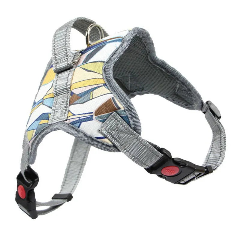 Polyester dog harness and lead set with adjustable chest strap, available in yellow, blue, grey and black.