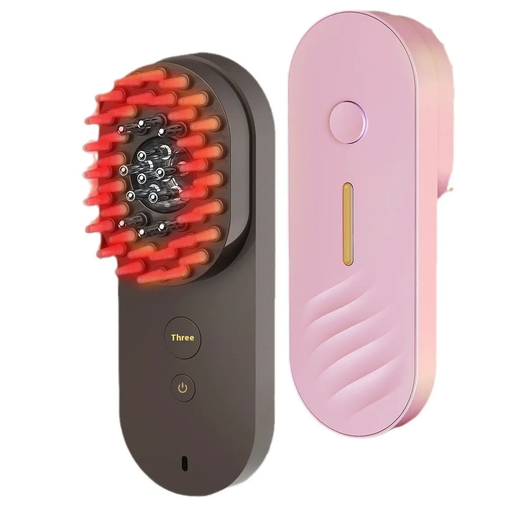 Smart massage comb with red light therapy in pink colour, measuring less than 10cm