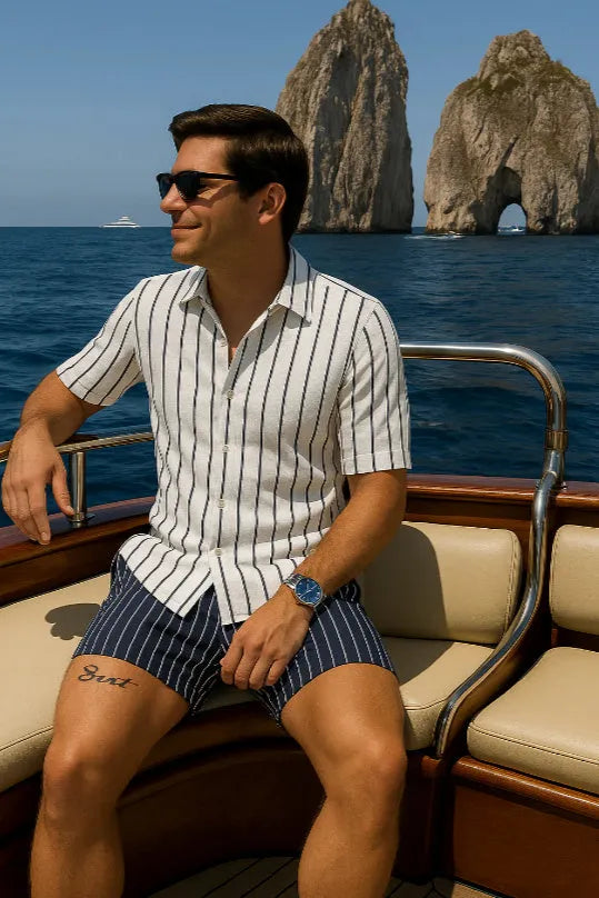 Men's beach shirt and shorts set in four-sided elastic fabric available in seven sizes