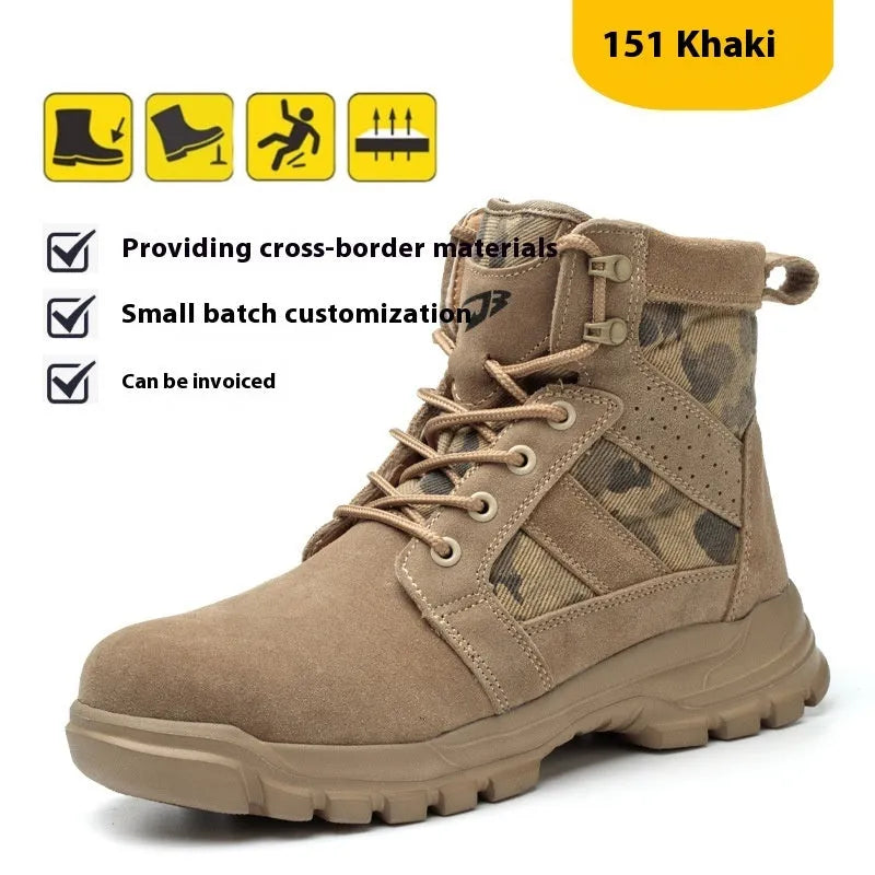 Khaki suede high-top safety boots with steel toe cap and front lace-up closure