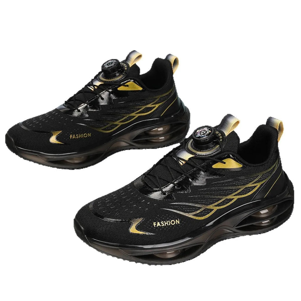 Casual breathable running shoes in sky blue, black gold, or white colours with rubber sole and lace-up closure