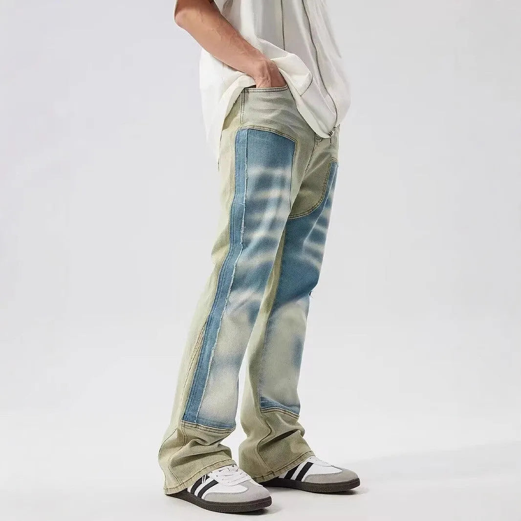 Retro patchwork jeans with yellow and blue splash-ink damaged design, zip fly, non-stretch denim