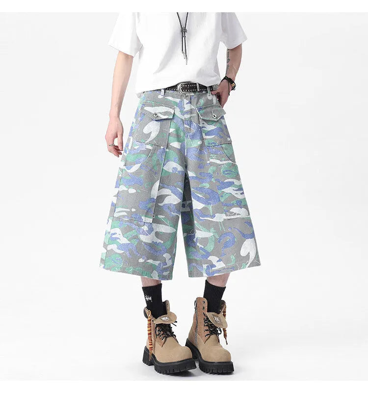 Camouflage colour denim cropped trousers with a straight leg and workwear pocket detail.