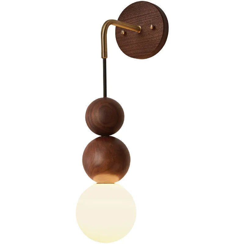 Wood and copper wall lamp with suspension wire and tri-colour light, 10cm diameter