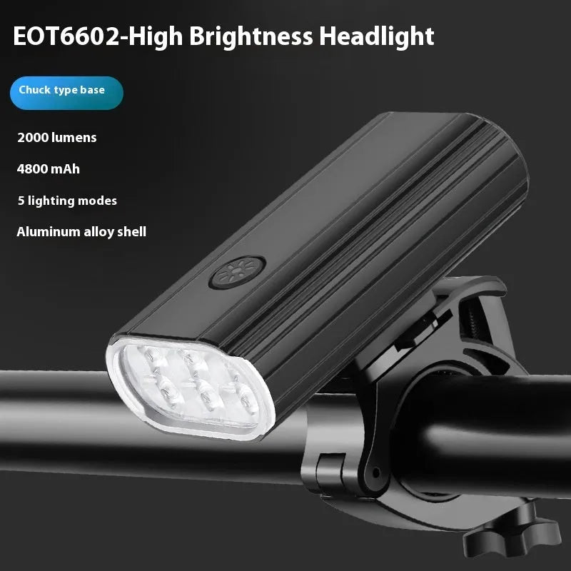 Aluminium alloy bicycle headlight with 2000LM output and USB Type-C charging port.