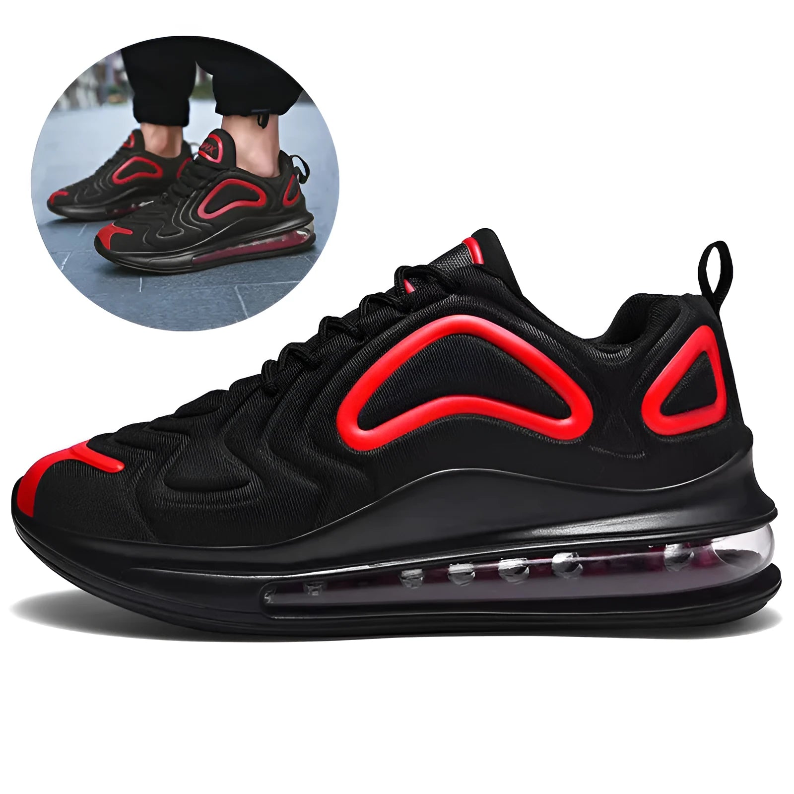 Casual air cushion black shoes for men outdoor lace-up sneakers with thick sole and round toe