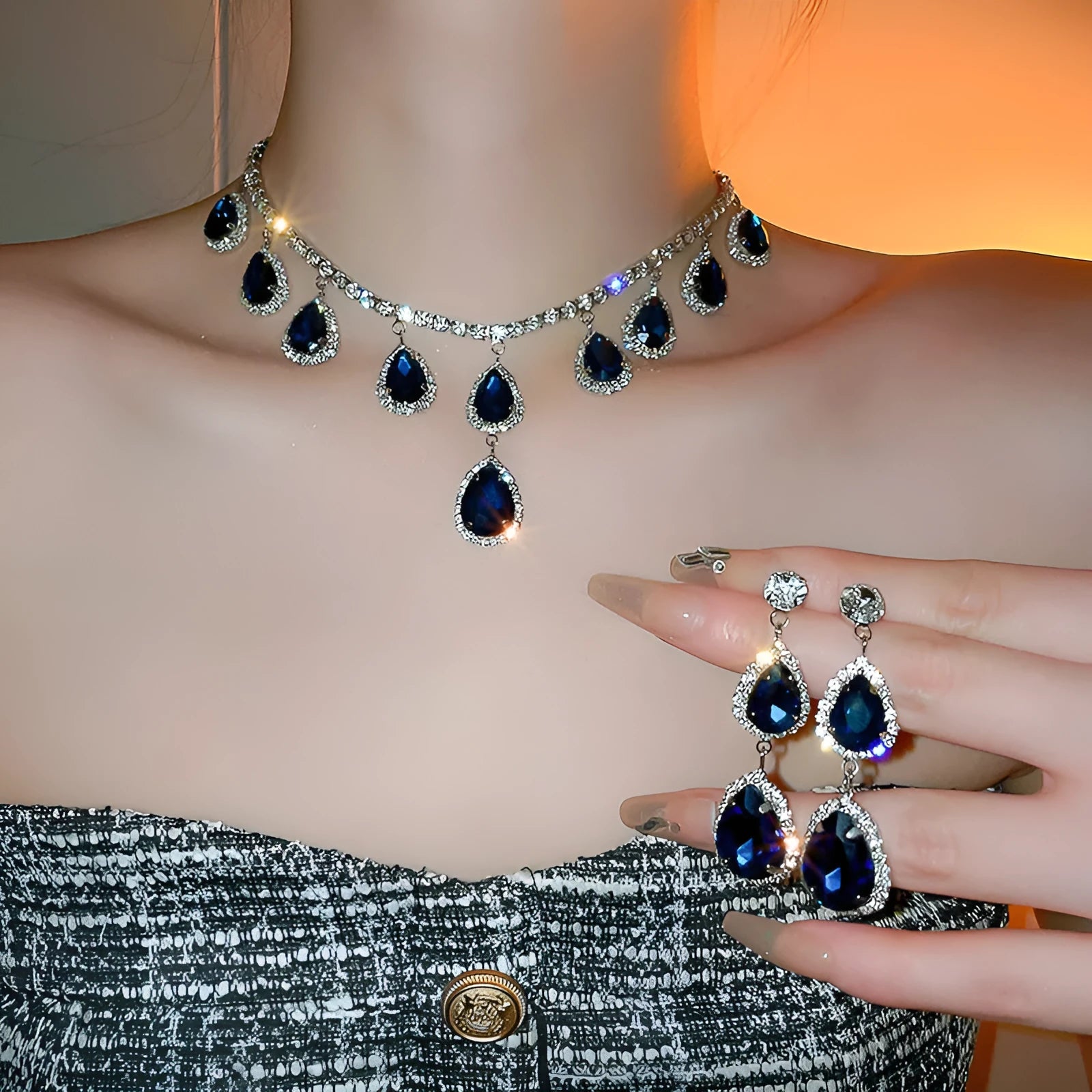 Silver needle water drop earrings and necklace set with blue zircon pendant on clavicle chain court style