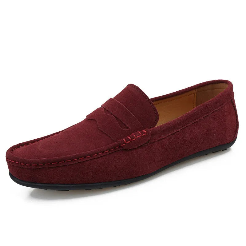 Men's suede-finished cowhide loafers in solid colours with rubber sole and round toe