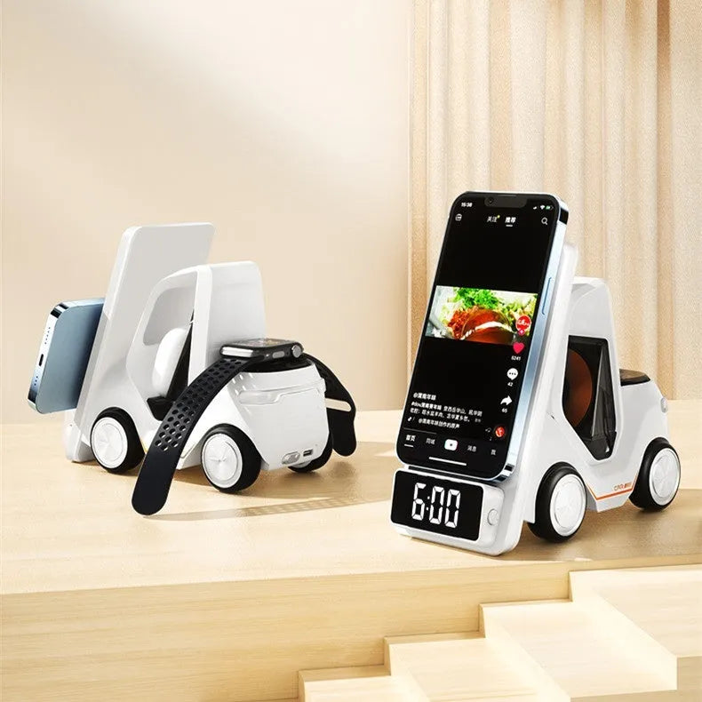 15W three-in-one wireless charging bracket in a choice of colours, charging a smartphone, earbuds, and smartwatch.
