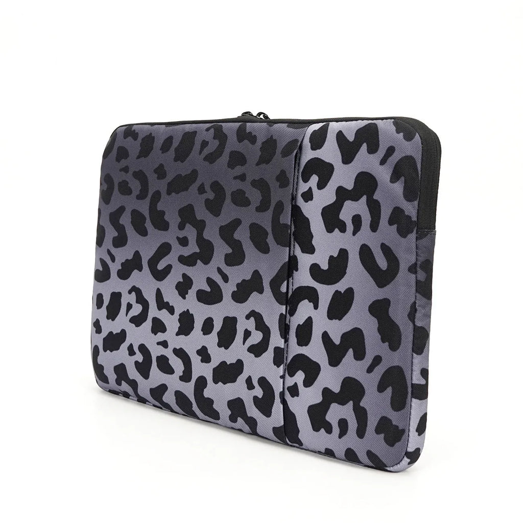 Leopard print flannel lined laptop sleeve for 13-inch to 16-inch devices with waterproof polyester exterior.