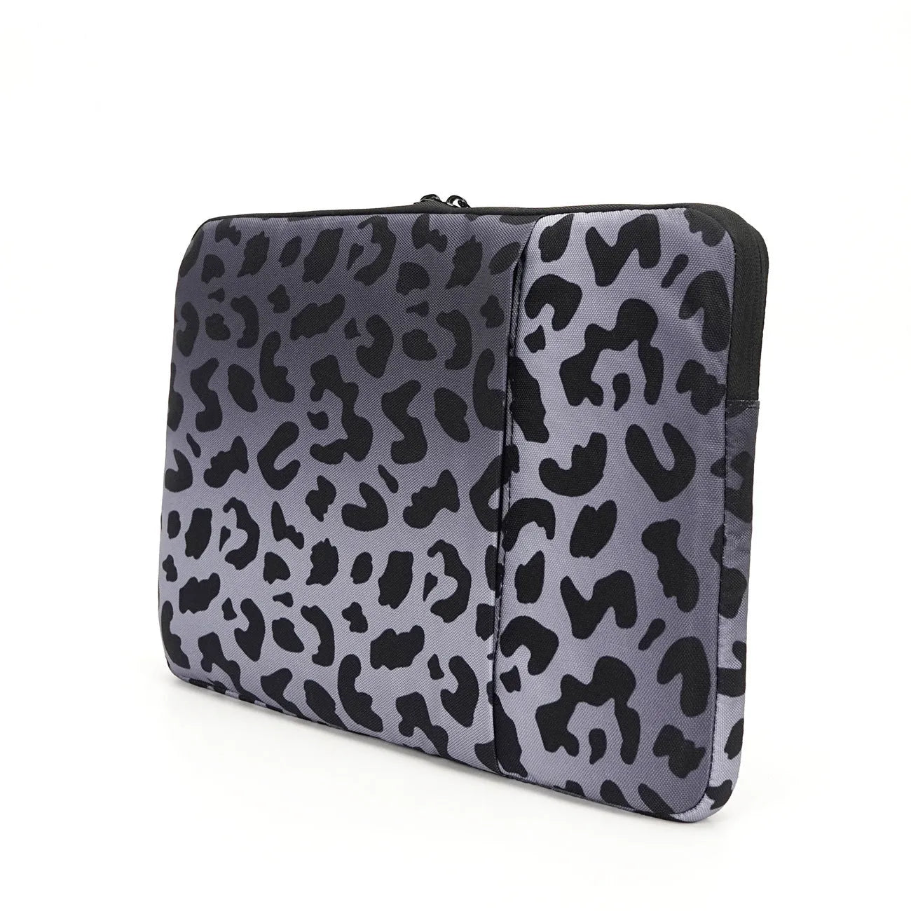 Leopard print flannel lined laptop sleeve for 13-inch to 16-inch devices with waterproof polyester exterior.