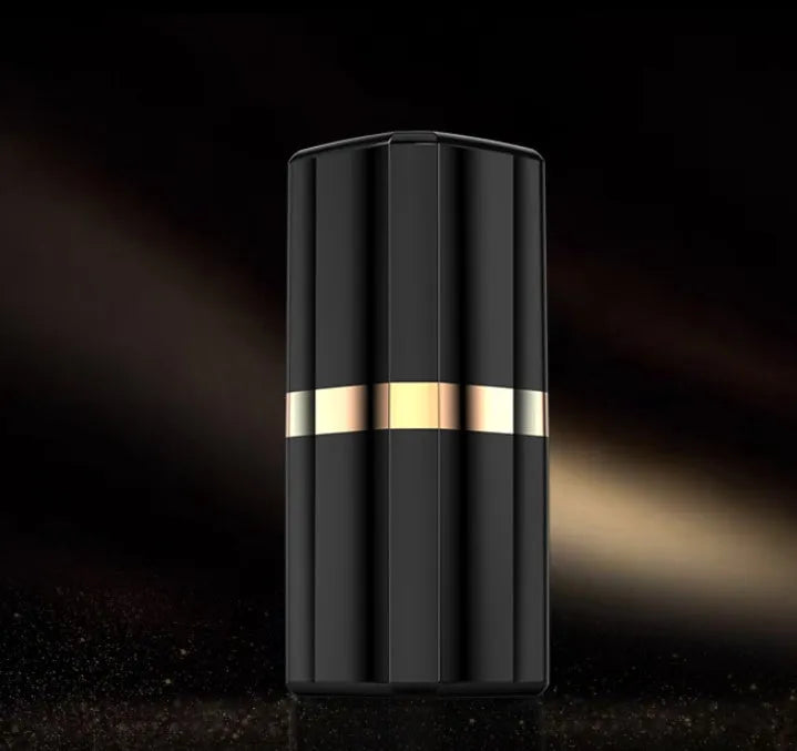 Fashion lipstick-shaped wireless Bluetooth earphones in black, pink, purple, and white with charging case.