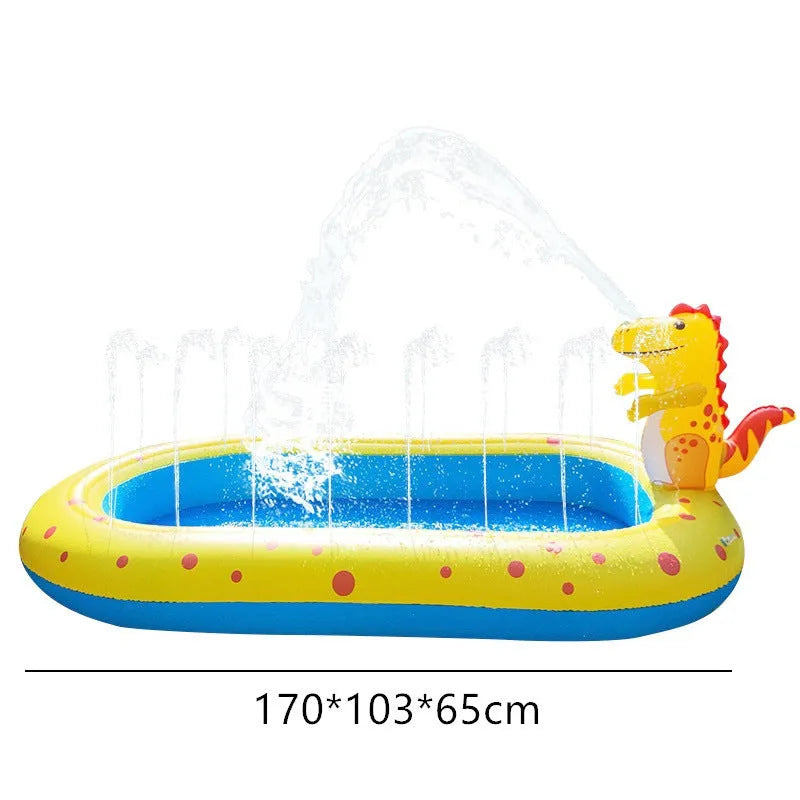 Blue dinosaur-shaped inflatable pool with shark design measuring 170cm long for kids' water play