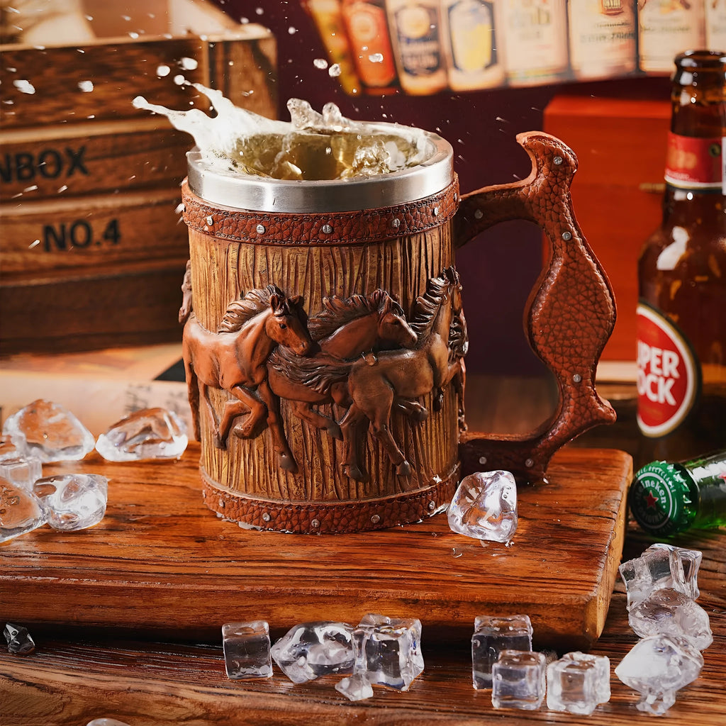 Brown simulation wooden barrel resin beer mug with horse design, 600ml capacity, on table